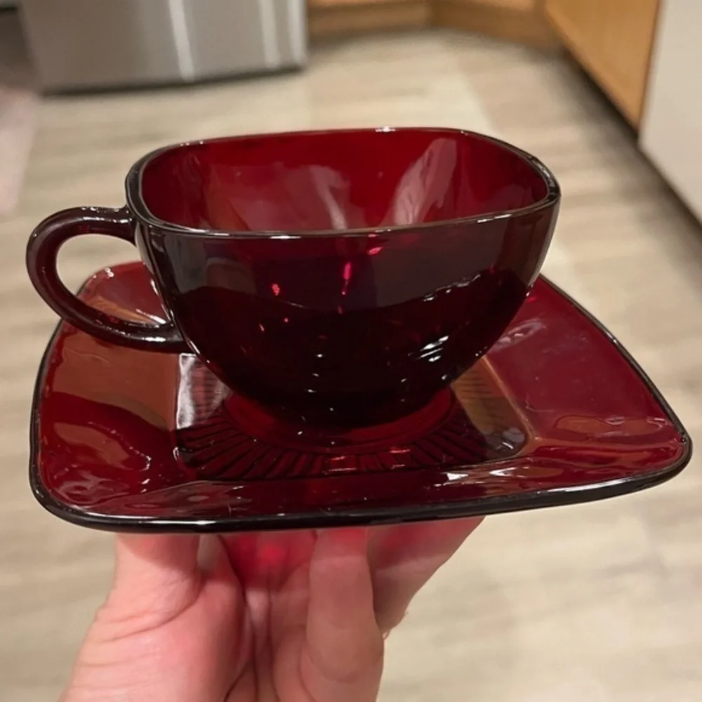 Anchor Hocking Royal Ruby Red Charm Square Tea Cup and Saucer Vintage